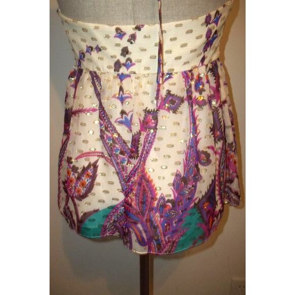 TIBI Cream-Gold & Multi-colored Floral Print Silk Halter Top Blouse Shirt 6 - Picture 7 of 11